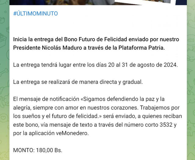 Anuncio del Primer Bono Especial de agosto 2024. Foto: Canal Patria Digital   