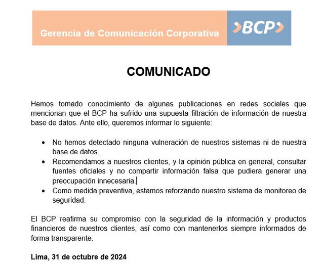 BCP emitió su comunicado este jueves 31 de octubre. Foto: BCP   