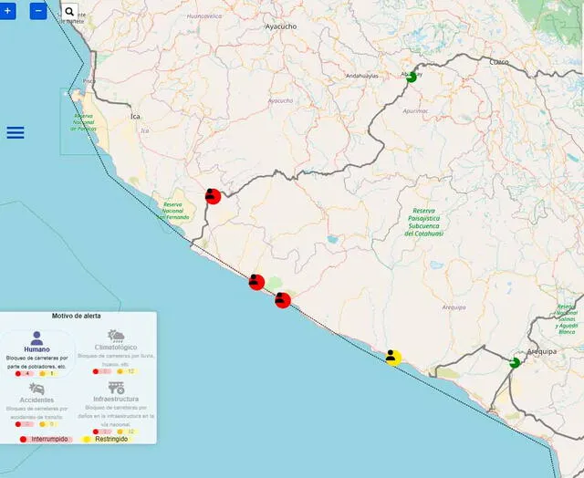  Mapa de vías bloqueadas en Panamericana Sur