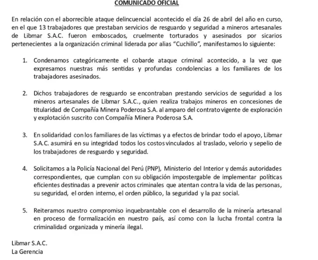 Empresa brindará apoyo a familia de trabajadores asesinados. Foto: Comunicado de empresa Libmarc S.A.C Empresa brindará apoyo a familia de trabajadores asesinados. Foto: Comunicado de empresa Libmarc S.A.C