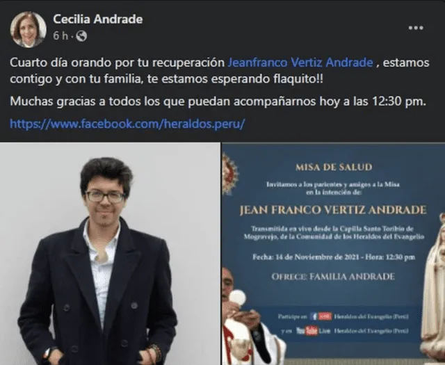 Familiares de actor de Al fondo hay sitio invitan a seguidores a misa para su salud. Foto: Cecilia Andrade/ Facebook.