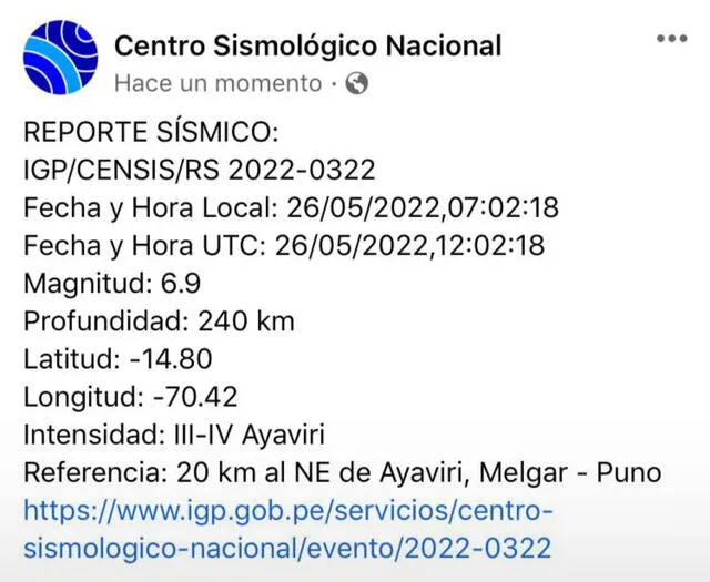 El temblor que reportó el Instituto Geofísico del Perú tuvo una magnitud de 6.9. Foto: IGP
