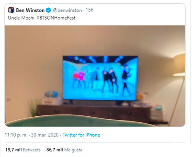 El productor de The Late Late Show, Ben Winston publicó este tweet durante la presentación de BTS en HomeFest. Twitter, 30 de marzo, 2020.