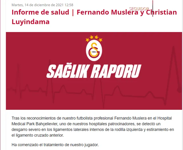 El informe médico del Galatasaray sobre Muslera. Foto: captura web Galatasaray
