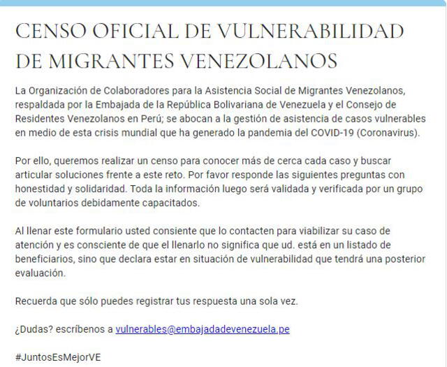 Captura de la página dispuesta para el censo de vulnerabilidad impulsado por la Embajada de Venezuela. Foto: captura web.