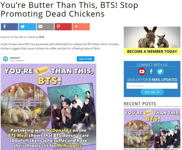 Artículo de PETA Asia sobre BTS y su colaboración con McDonald's. Foto: petaasia.com Artículo de PETA Asia sobre BTS y su colaboración con McDonald's. Foto: petaasia.com