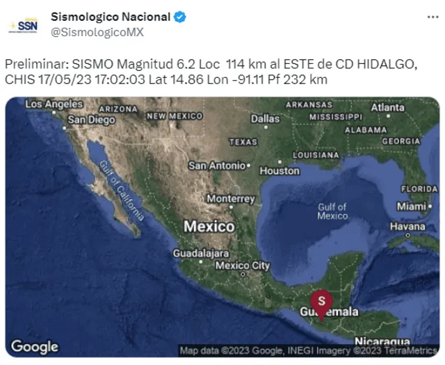  Sismo de magnitud 6.2 remeció Ciudad Hidalgo en México. Foto: @SismologicoMX/Twitter   