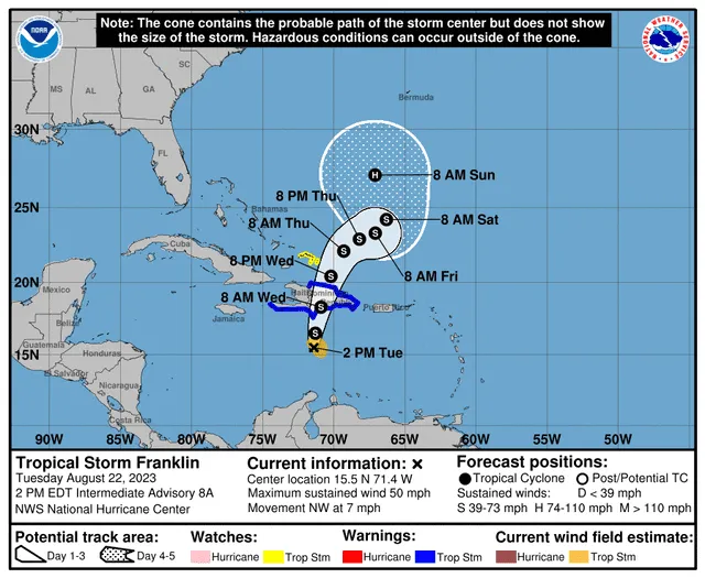  Hay probabilidades de que Franklin se convierta en huracán, según el NHC. Foto: NHC<br>    