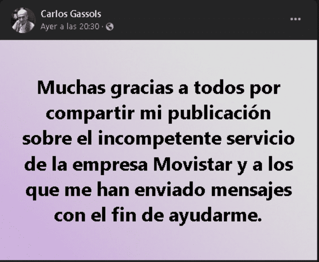 Carlos Gassols agradeció el gesto de muchos usuarios, quienes no lo dejaron solo. Foto: Facebook 