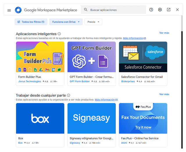 Interfaz de la tienda de apps de Google Drive. Foto: Captura de pantalla   