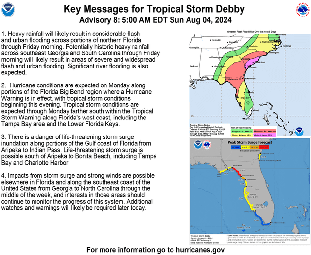 Tormenta Debby en Estados Unidos: estos son los estados y ciudades que serían afectados por lluvias e inundaciones 