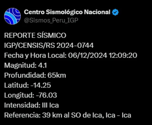 Temblor de magnitud 4,1 remeció Ica hoy, según IGP. Foto: IGP   