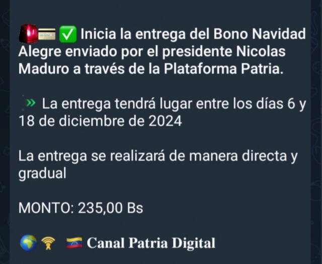 El pago del Bono Navideño termina el 18 de diciembre. Foto: Canal Patria Digital/ Telegram
