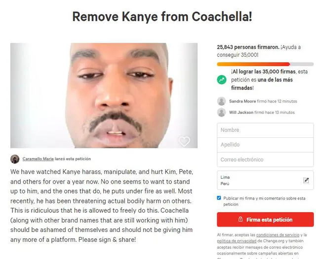 Miles de usuarios no quieren ver a Kanye West en Coachella 2022. Foto: Composición Change.org