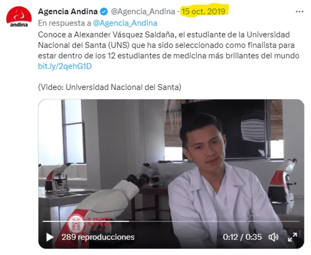  Noticia de 2019 sobre Alexander Vásquez. En esa nota no se anunció ningún tipo de descubrimiento de alguna cura de los trastornos de las articulaciones. Foto: captura en Twitter / Agencia Andina.   