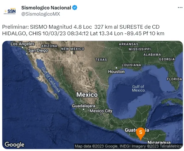 Sismo de 4.8 en Chiapas. Foto: SismologicoMX/ Twitter   