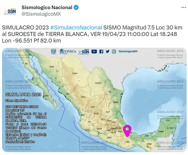  Simulacro de sismo de 7.5 en México HOY, 19 de abril. Foto: SismologicoMX/Twitter   