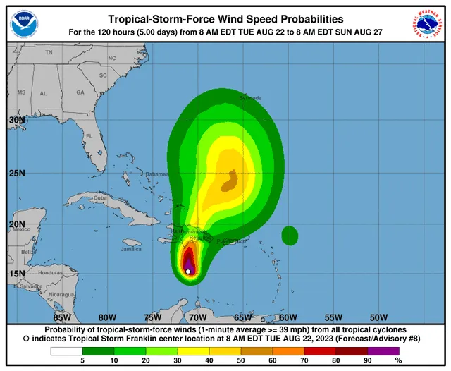  Reporte de la tormenta tropical Franklin, según el NHC. Foto: NHC<br>    