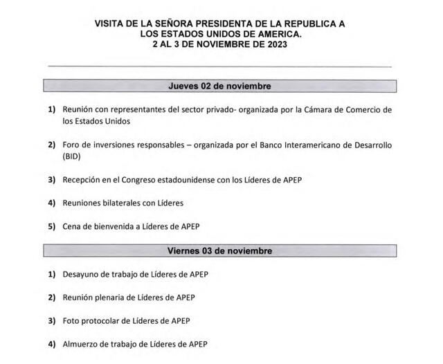 Actividades del 2 y 3 de noviembre de Dina Boluarte en la Apep. Foto: agenda consignada por el Gobierno al Congreso   