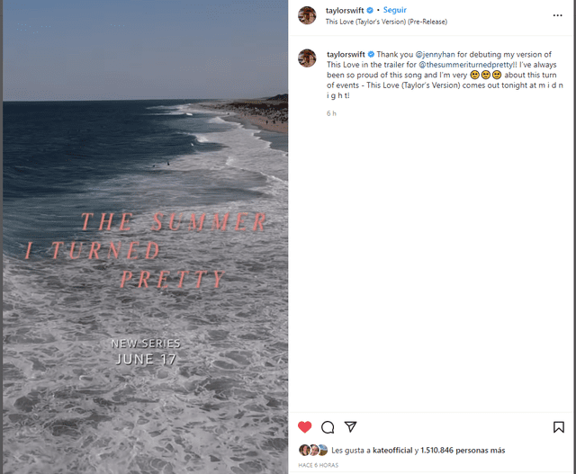 Taylor Swift anuncia que su canción "This love (Taylor's version)" se estrenará hoy a la medianoche. Foto: Instagram