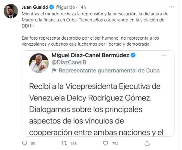 Juan Guaydó se pronuncia a través de sus redes sociales sobre la crisis de Cuba. Foto: captura Twitter. Juan Guaydó se pronuncia a través de sus redes sociales sobre la crisis de Cuba. Foto: captura Twitter.