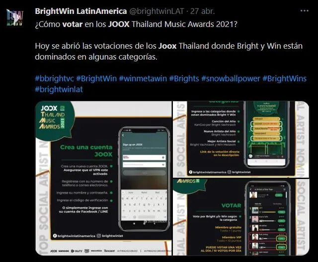 Cómo votar en los JOOX Thailand Music Award 2021. Foto: BrightWin LatinAmerica