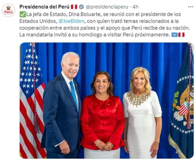  Twitter de presidencia informando que Dina Boluarte se reunió con Joe Biden. Foto: Presidencia.   