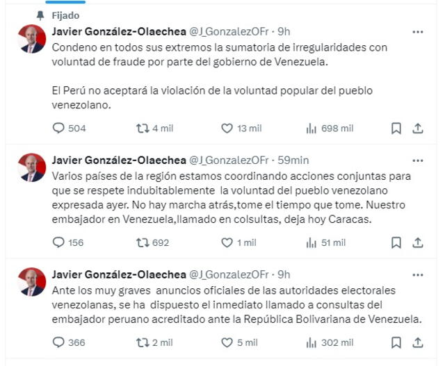  Canciller de Perú se pronuncia tras los resultados de las Elecciones en Venezuela 2024. | Foto: <strong>Javier González-Olaechea</strong> / X.    