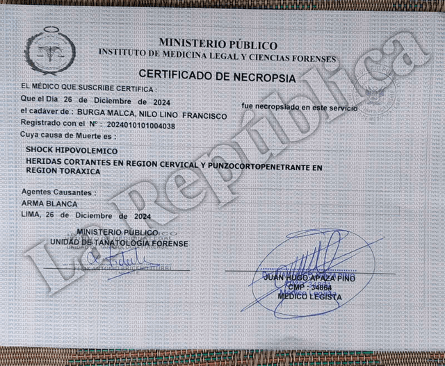 Certificado de necropsia de Nilo Burga. Foto: La República   