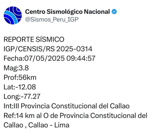 Sismo de hoy en Callao. Foto: IGP Sismo de hoy en Callao. Foto: IGP