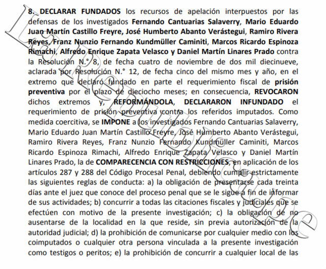 Resolución judicial que revoca la orden de prisión preventiva contra 8 abogados implicados en el caso Arbitrajes. Foto: La República.