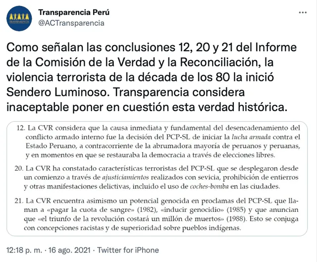 Pronunciamiento de Transparencia sobre declaraciones de Héctor Béjar. Foto: captura/Twitter