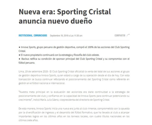 Sporting Cristal confirmó que tiene nuevo propietario.