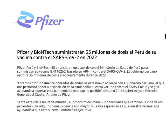 Comunicado de Pfizer sobre acuerdo con Perú. Foto: cortesía