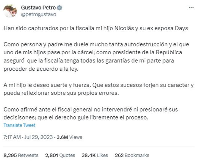  Comunicado de Gustavo Petro tras arresto de su hijo Nicolás. Foto: @petrogustavo/Twitter<br>    