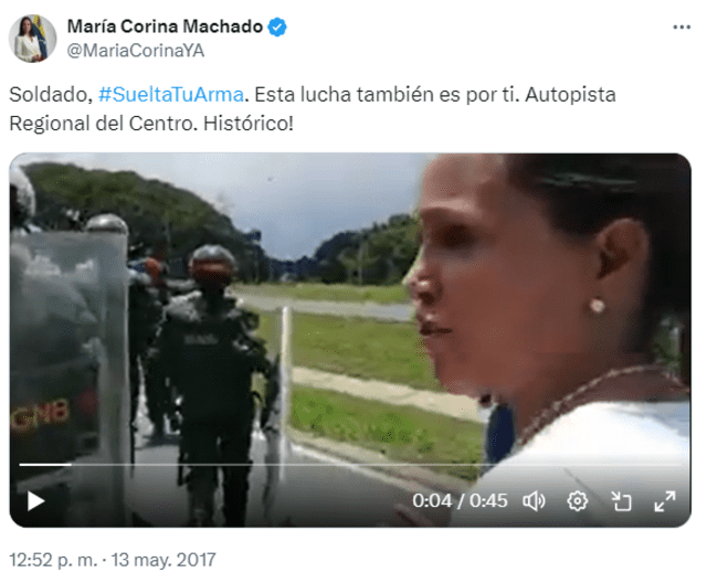  Video en el que aparece María Corina Machado fue publicado el 13 de mayo de 2017. Foto: captura en X / María Corina Machado.&nbsp;<br><br>    