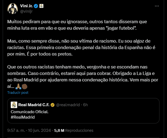  Vinícius se pronuncia sobre la condena por racismo a los 3 hinchas de Valencia. Foto: captura de X/Vinícius Júnior    