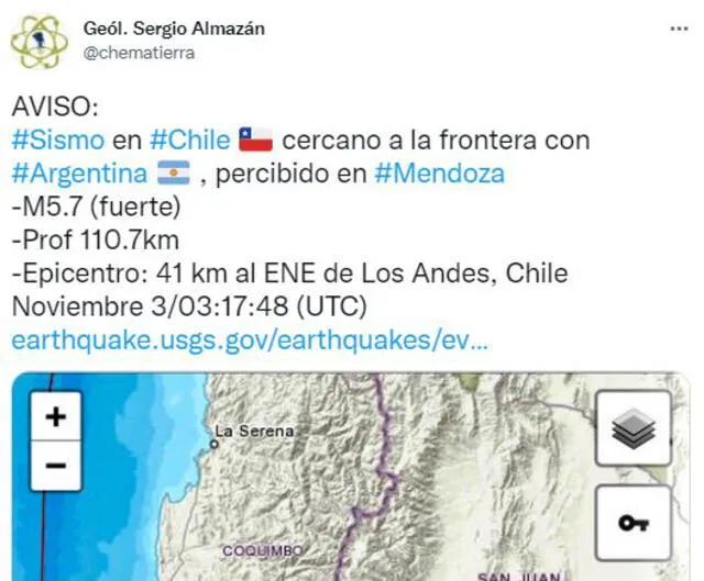 Usuarios en Twitter reportan que el seísmo también se sintió en alguna zonas de Argentina. Foto: captura Twitter