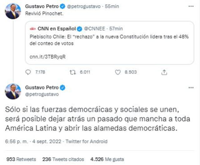 El presidente de Colombia, Gustavo Petro, se pronuncia sobre los resultados del Plebiscito de Salida de la Constitución en Chile. Foto: captura Twitter