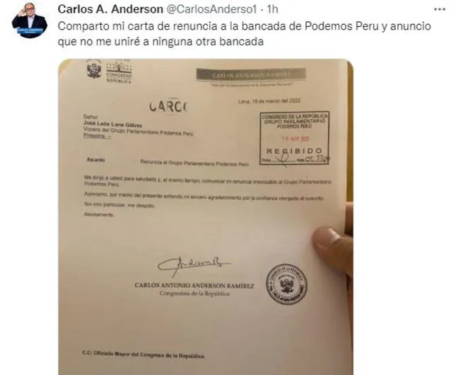 Anderson agradeció a José Luna Gálvez "por la oportunidad" y oficializó su renuncia a la agrupación parlamentaria. Foto: Captura Twitter