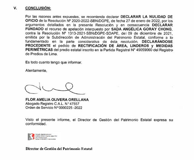 Documentos de la SBN suscritos por Flor Olivera a favor de la empresaria Sada Goray.