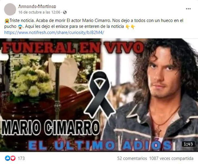 Post sobre supuesta muerte de Mario Cimarro. Foto: captura en Facebook.