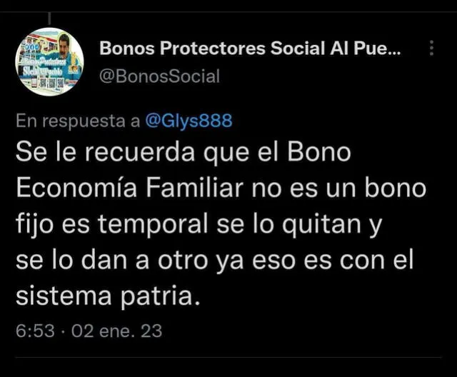 Comunicado del Sistema Patria sobre la entrega del Bono Economía Familiar. Foto: Sistema Patria