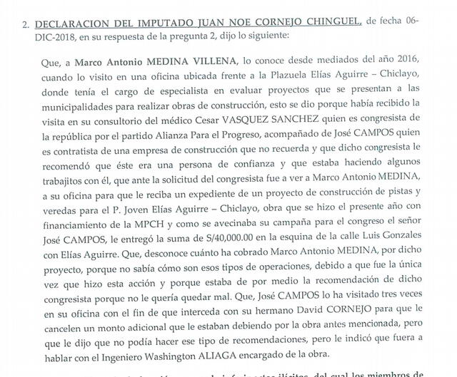 Declaración de Juan Noé Cornejo Chinguel, hermano del exalcalde de Chiclayo. Foto: captura de informe fiscal   