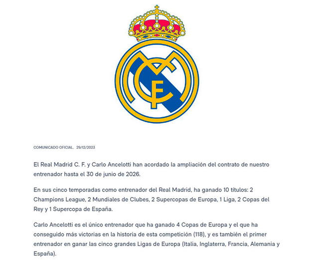 Real Madrid sobre la renovación de Carlo Ancelotti hasta el 2026. Foto: Real Madrid   