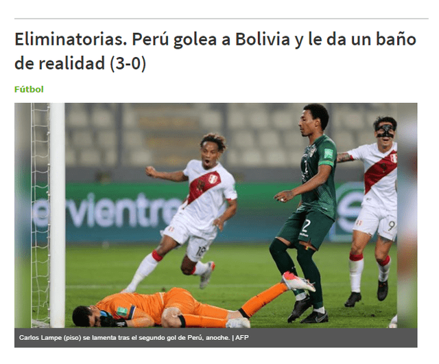 Portada de diario Los tiempos de Bolivia tras derrota ante Perú. Foto: Captura diario Los Tiempos