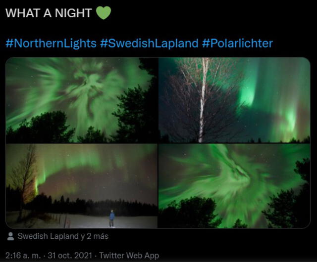 El usuario Thomas maravillado por los fulgores verdosos que envuelven los cielos suecos de Halloween. Foto: Twitter / @Klein_Tho