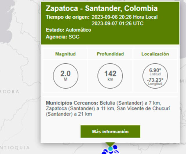 Último temblor registrado en Colombia. Foto: SGC   