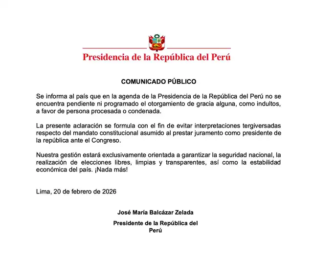  Comunicado de Presidencia sobre otorgamientos de gracias o indultos. Foto: difusión   
