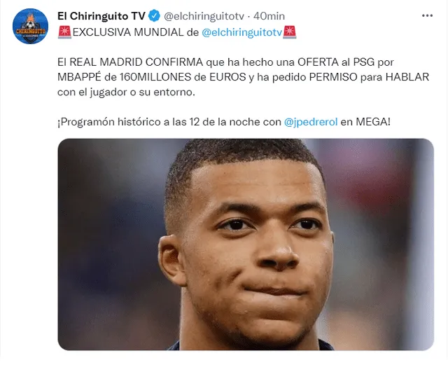 El Chiringuito asegura que ya existe una oferta del Real Madrid por Mbappé. Foto: captura difusión Twitter